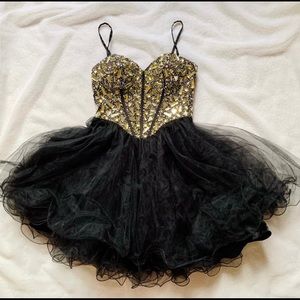 Vintage Dave & Johnny Gold Beaded Corset Black Tulle Prom Dress